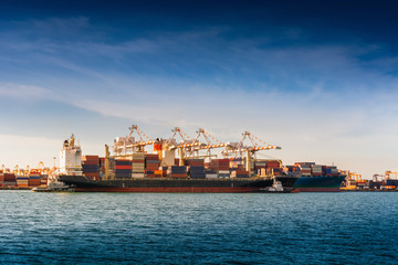 Transportation Industry and Shipping Logistics Loading Dock Terminal., Container Import and Export of Sea Freight Transport Industrial., Landscape of Port Maritime and Harbor Cargo Logistic Shipyard.