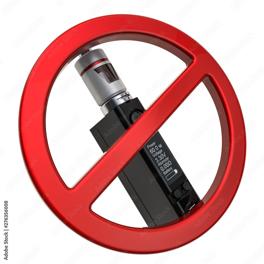 Poster no vaping concept. forbidden sign with box mod e-cigarette, 3d rendering