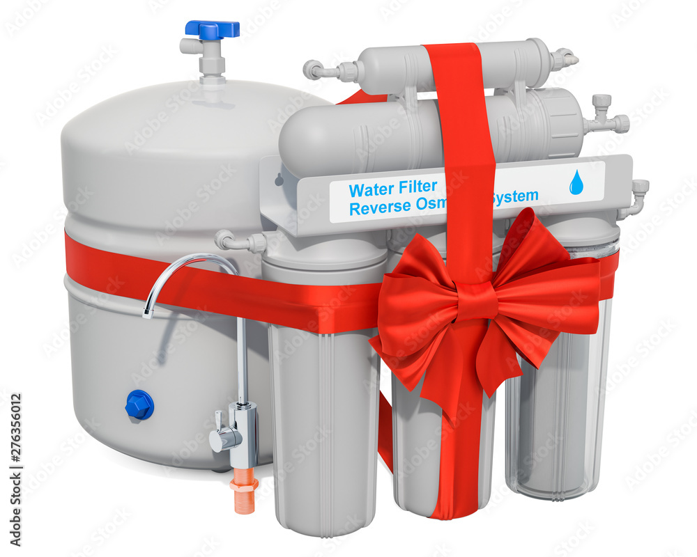 Poster reverse osmosis system with red ribbon and bow. gift concept, 3d rendering