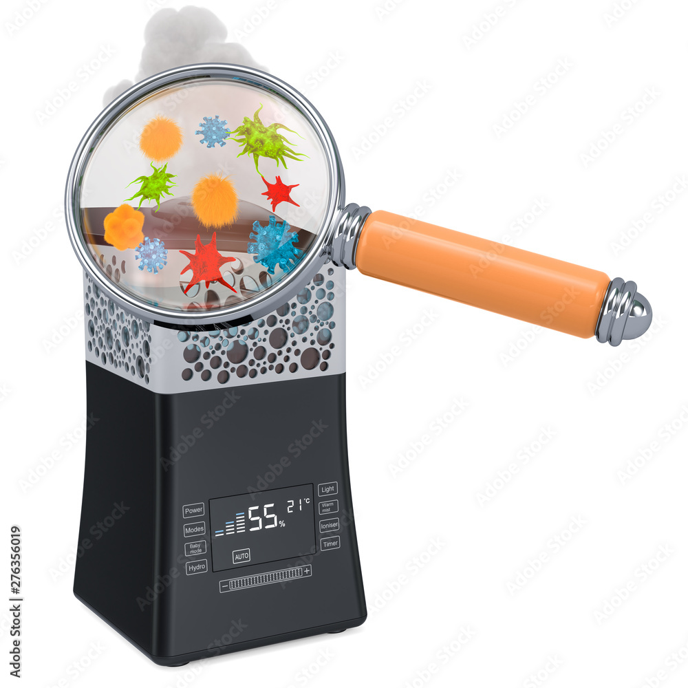 Aufkleber ultrasonic humidifier with germs and bacterias under magnifying glass. 3d rendering