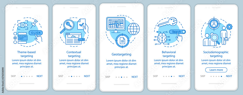 Poster targeting types blue onboarding mobile app page screen vector template. targeted advertising walkthr