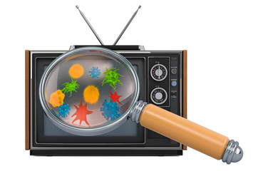 TV set with viruses under magnifying glass. 3D rendering