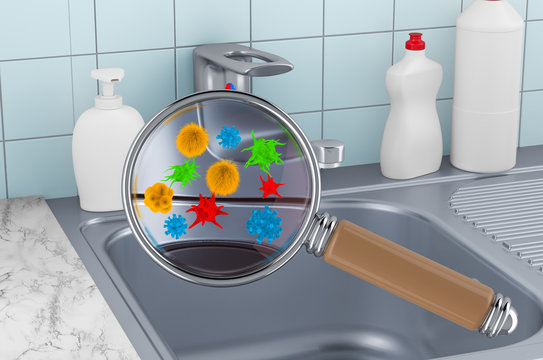 Kitchen sink with germs and bacterias under magnifying glass. 3D rendering