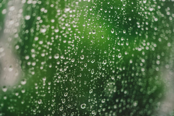 Window glass with drops of rain. Atmospheric green background with raindrops in bokeh. Droplets close up. Detailed transparent texture in macro with copy space. Rainy weather. Insulation concept.