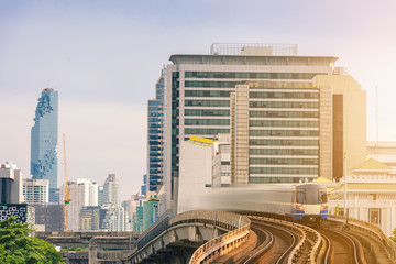 Cityscape of Bangkok City Downtown and Business Modern Office Buildings at Sunset., Architecture Building and Urban Transportation Skytrain of Bangkok, Thailand, Business Transport and Travel 