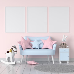 Three empty photo frame for mockup in pink child room, 3D rendering