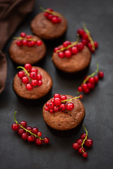 Chocolate muffins decorated red currant berries on dark wooden background. Flat lay. Soft focus