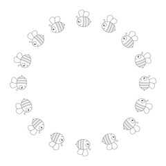 Vector design. Illustration with honeybee. Outline frame with yellow bee with black stripes, wings, antennae, sting. For cads, invitations, prints, clothes, covers.