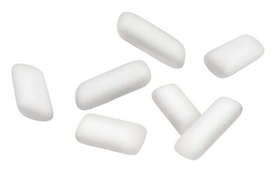 Flying chewing gum pieces, isolated on white background