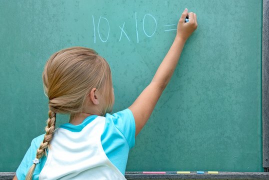 Young Caucasian Girl Writing Math Problem On Green Chalkboard