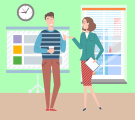 Man and woman at workplace vector, people enjoying talk on coffee break, colleagues discussing business and innovative techniques in project usage