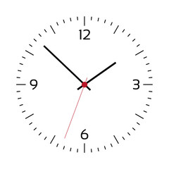 Simple illustration of clock face with minute, hour and second hand and red center with numbers. Isolated on white background, vector