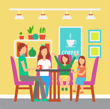 Coffee house or cafe, family drinking tea at table vector. Interior design, pictures and indoor plants, eating out in public place, parents and children