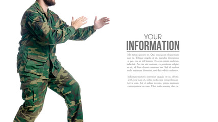 Man in military uniform, camouflage on white background isolation