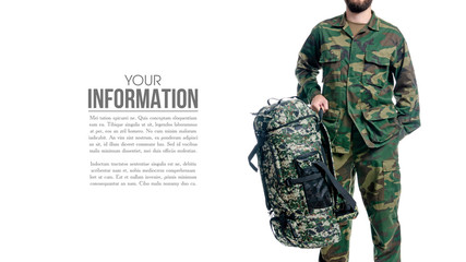 Man in military uniform, camouflage with backpack on white background isolation