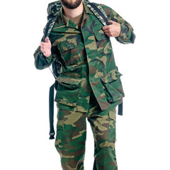 Man in military uniform, camouflage with backpack on white background isolation
