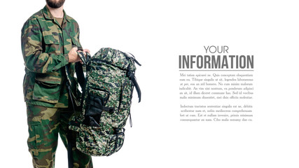 Man in military uniform, camouflage with backpack on white background isolation