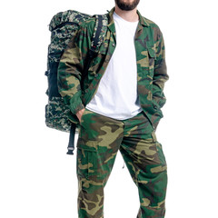 Man in military uniform, camouflage with backpack on white background isolation