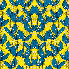 flower with blue leaves and abstract white dots drawn on a yellow background