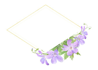 Diamond shaped frame of lilac watercolor geranium flowers isolated on white background. Perfect for logo, design, cosmetics design, package, textile