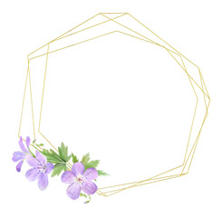 Geometric frame of lilac watercolor geranium flowers isolated on white background. Perfect for logo, design, cosmetics design, package, textile