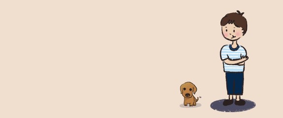 Cartoon character of kid and puppy stand together 