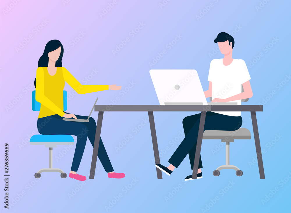 Poster man and woman working vector, colleagues with laptop and computer programming people, flat style. pe