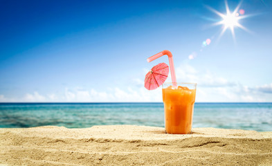 Summer drink on beach and sea landscape 
