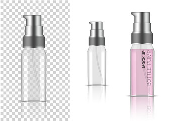 3D Mock up Realistic Transparent Bottle Pump Cosmetic or Lotion for Skincare Product Packaging With Silver Cap on  White Background Illustration