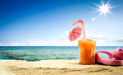 Summer drink on beach and sea landscape 