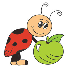 Fototapeta premium Cartoon ladybug holding an apple.