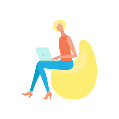 Woman sitting on bean chair and working on laptop isolated vector illustration. Businesswoman with notebook, freelance worker, cartoon character in flat style