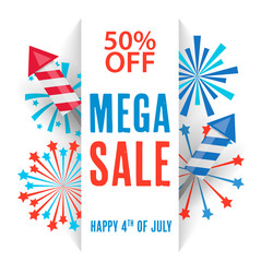 50 % off Mega Sale banner with fireworks. Happy 4th  of Jule USA Independence Day.