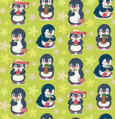 Seamless pattern with cute penguins