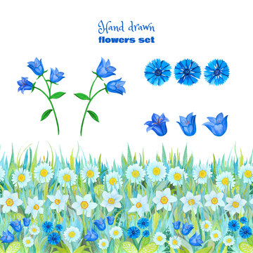 Set of blue flowers. Chamomiles, daffodils, blue bells, cornflowers. Seamless floral border 