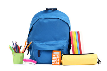Backpack with school supplies isolated on white background