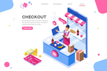 Supermarket, Line Waiting Images, Buyer Basket Checkout, Retail. Woman, Customer Purchase, Cashbox Buy. Web Banner, Infographics. Flat Isometric Illustration Isolated on White Background