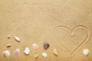 Fototapeta na wymiar Seashells and heart drawn on beach sand