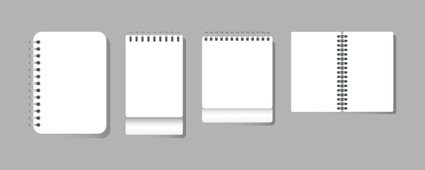 Template, mockup realistic variety of flip paper notebooks on springs.