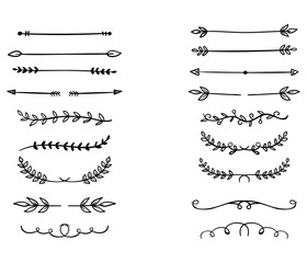 Hand drawn vector dividers. Lines, borders and laurels set. Doodle design elements.