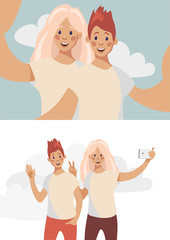 Two young girls friends taking a photo with a smartphone. Taking a selfie. Friendship concept. Vector illustration in flat cartoon style.