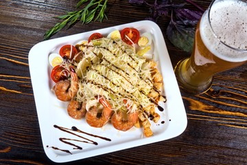Greek Salad with shrimp tomato cheese quail eggs and Croutons