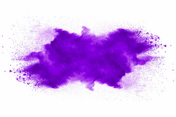 Explosion of violet dust on white background.