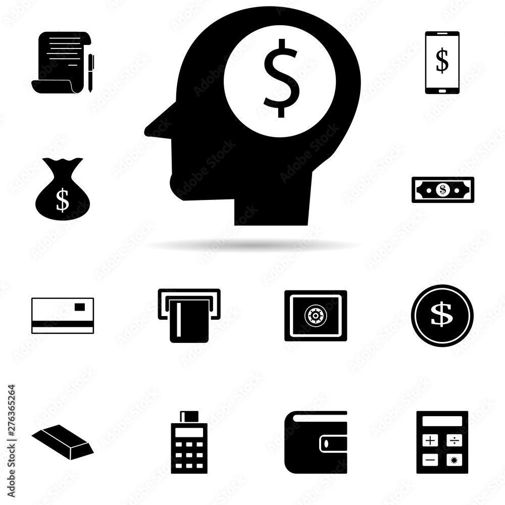 Aufkleber money in head icon. universal set of banking for website design and development, app development