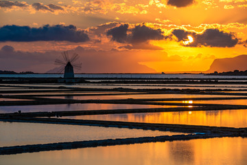 Marsala salt pans at sunset, Sicily, Italy