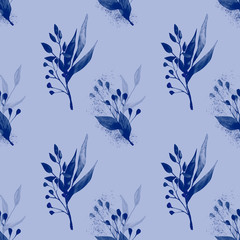 Herbal blue background. Seamless pattern with dark-blue leaves and branches - obrazy, fototapety, plakaty