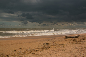Storm waves on the sandy shore of the Azov sea
