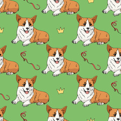 Seamless pattern with cute pembroke welsh corgi and doodles on green background. Endless texture with funny cartoon dogs for your design
