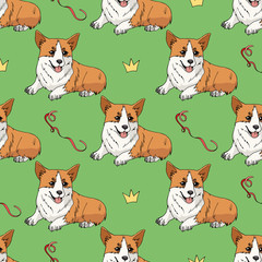 Seamless pattern with cute pembroke welsh corgi and doodles on green background. Endless texture with funny cartoon dogs for your design