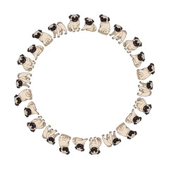 Round frame made of cute cartoon pugs in different poses. Vector dog illustration for your design